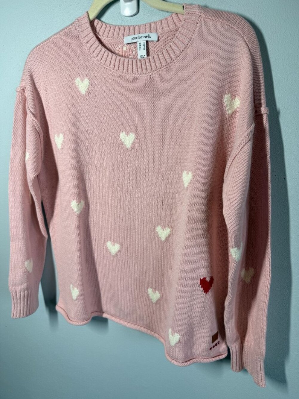 Womens Pink Sweater With Heart Print Size Small Feminine Sweetheart Preppy Cozy